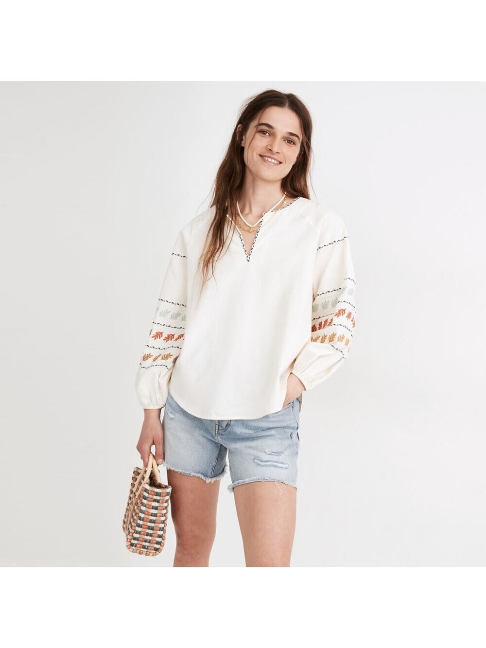 Madewell Women Ivory Cotton Embroidered Hippie Boho Styled Peasant Blouse Size S